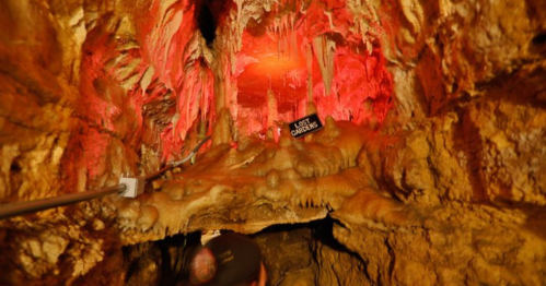 A cave interior with colorful lighting, featuring stalactites and a sign that reads "Lost Gardens."