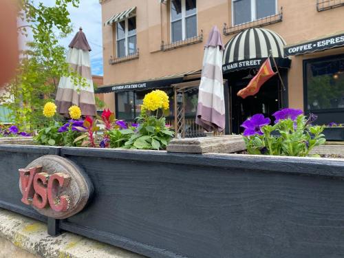 Colorful flowers in a planter with a sign reading "YSC" in front of a café on a street with outdoor seating.