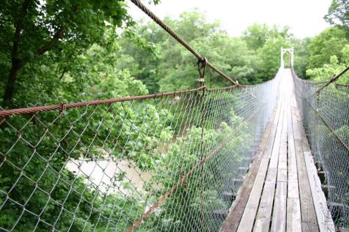 A wooden suspension bridge surrounded by lush green trees, spanning over a river.