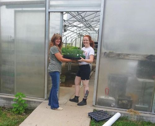 Two women in a greenhouse, one holding a tray of plants while the other assists at the entrance.