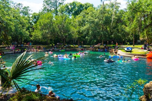 A vibrant spring with people swimming and floating on colorful tubes, surrounded by lush greenery and trees.
