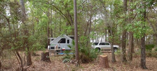 A small camper and a silver SUV parked in a wooded area with trees and underbrush surrounding them.
