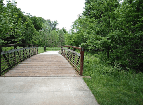 A wooden bridge over a path surrounded by lush green trees and grass.