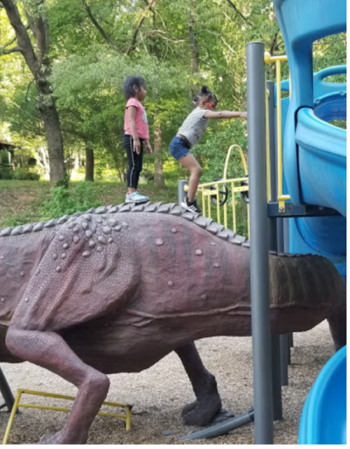 Two children play on a dinosaur-shaped playground structure, one climbing while the other stands on its back.
