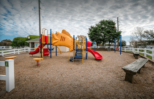 Colorful playground with a fish-shaped slide, red slides, and benches, surrounded by trees and a cloudy sky.