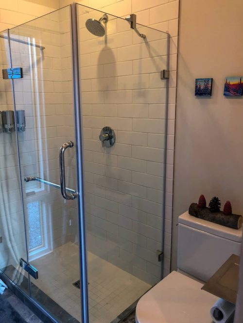 A modern bathroom featuring a glass shower enclosure and a toilet, with tiled walls and decorative wall art.
