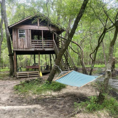 A wooden treehouse on stilts surrounded by trees, with a hammock hanging nearby and a river in the background.