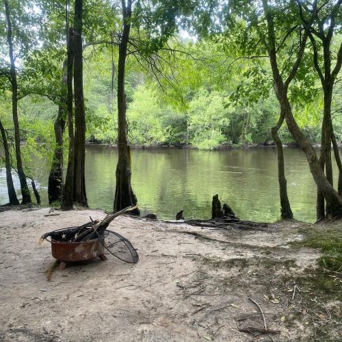 A serene riverside scene with a fire pit, surrounded by trees and lush greenery, reflecting on calm water.