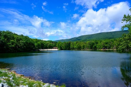 A serene lake surrounded by lush greenery and mountains under a bright blue sky with scattered clouds.
