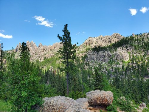 A scenic view of rugged mountains and lush green trees under a clear blue sky.