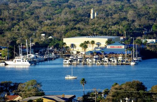 A marina with several boats docked, surrounded by trees and a building with palm trees in a coastal setting.
