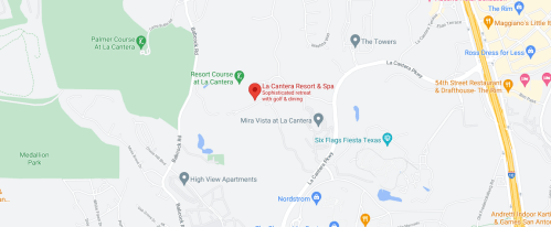 Map showing La Cantera Resort & Spa, nearby attractions, and roads in the area.