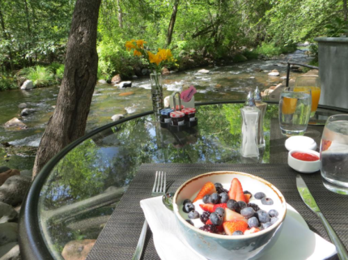 A bowl of yogurt topped with berries sits on a table by a serene stream, surrounded by greenery and sunlight.