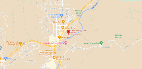 Map showing the location of Cress on Oak Creek and nearby landmarks in Sedona, Arizona.