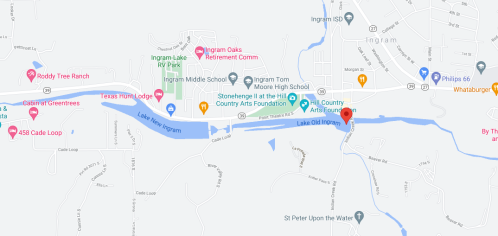 Map of Ingram, Texas, highlighting Lake Old Ingram and nearby landmarks like schools and parks.
