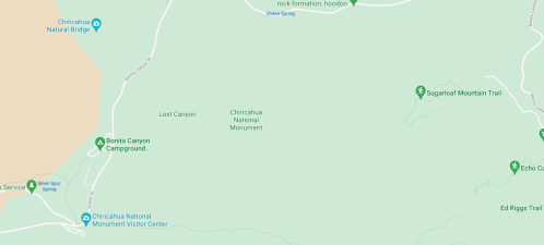 Map showing the location of Chiricahua National Monument, Lost Canyon, and nearby trails and campgrounds.
