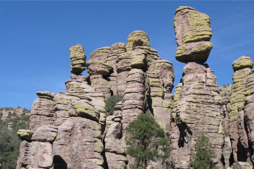 Tall rock formations with mossy tops against a clear blue sky, showcasing unique geological structures.