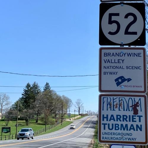 Road sign for Route 52, featuring Brandywine Valley National Scenic Byway and Harriet Tubman Underground Railroad.