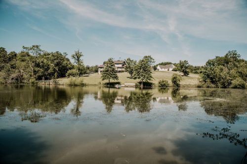 A serene lake reflecting trees and houses on a hillside under a clear blue sky.