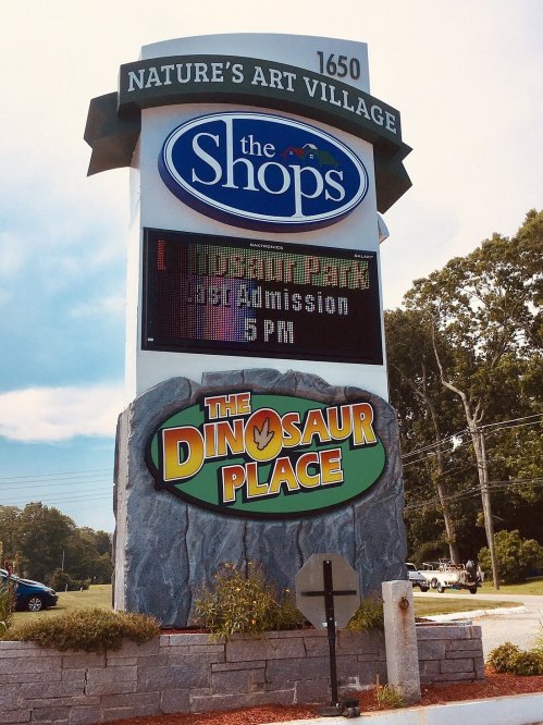 Sign for Nature's Art Village featuring "The Shops" and "The Dinosaur Place," with admission details and event time.