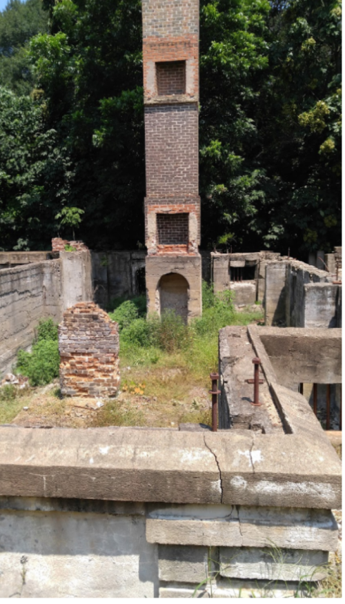 Abandoned building ruins with a tall brick chimney, surrounded by overgrown vegetation and crumbling walls.