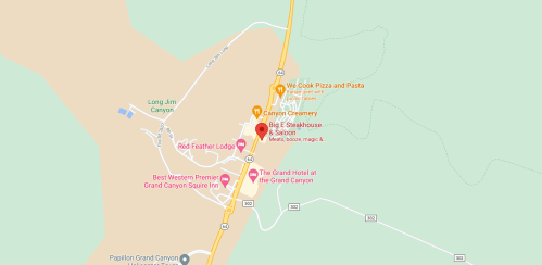 Map showing the Grand Canyon area, highlighting restaurants, lodgings, and attractions near the canyon.