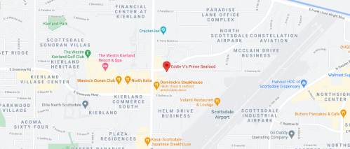 Map showing the location of Eddie Vs Prime Seafood near Kierland Commons in Scottsdale, Arizona.