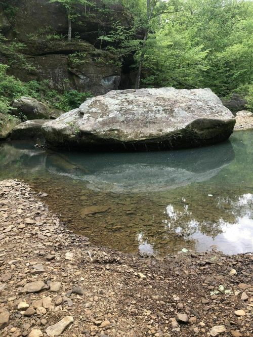 A large rock sits by a calm, clear pool of water surrounded by lush greenery and rocky terrain.