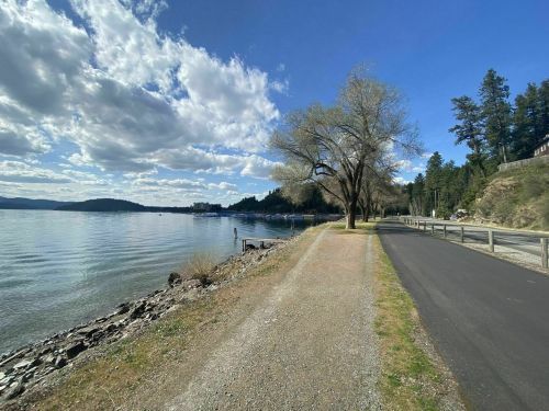 A serene lakeside path lined with trees, under a partly cloudy sky, with calm water reflecting the landscape.