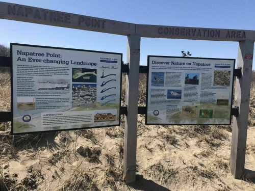 Two informational signs at Napatree Point Conservation Area, detailing the landscape and nature of the area.