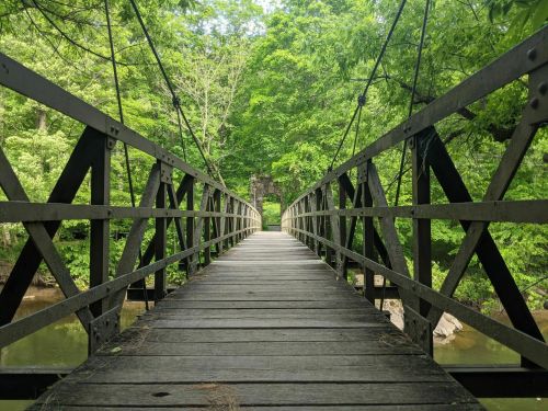 A wooden bridge stretches over a river, surrounded by lush green trees and foliage.