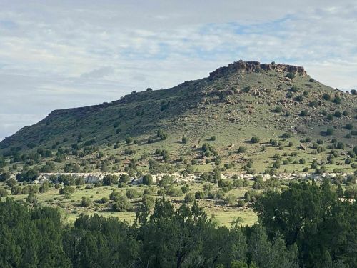 A rocky hill rises above a green landscape dotted with shrubs and trees under a cloudy sky.