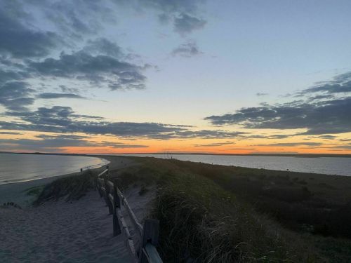 A serene beach scene at sunset, with a sandy path leading to the water and colorful clouds in the sky.