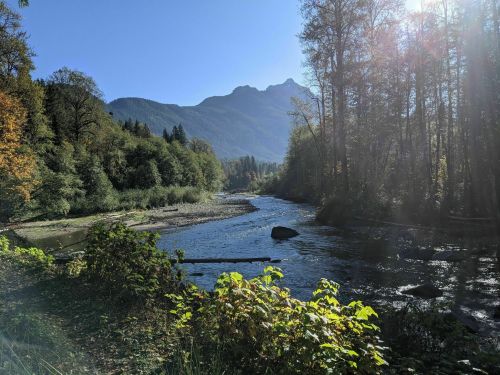 A serene river flows through a lush landscape, framed by mountains and trees under a clear blue sky.