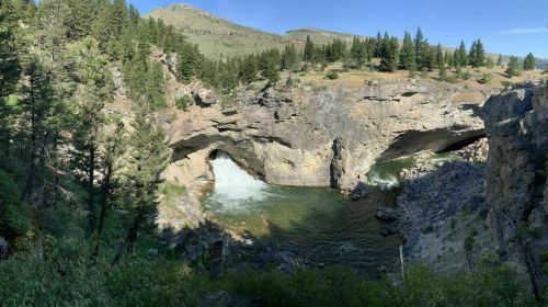 A scenic view of a river flowing through a rocky canyon, surrounded by lush trees and mountains in the background.