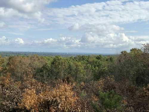 A scenic view of a lush green landscape under a partly cloudy sky, with distant hills on the horizon.