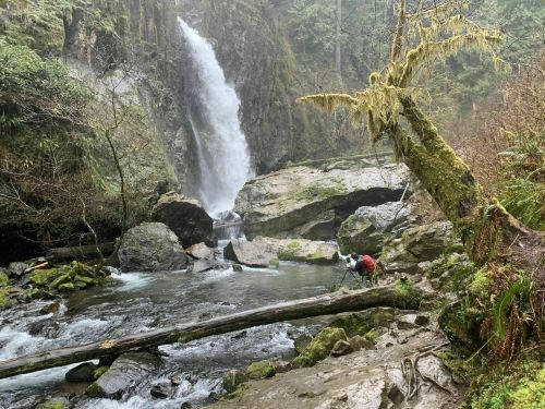 A misty waterfall cascades down rocky cliffs, surrounded by lush greenery and a person photographing the scene.