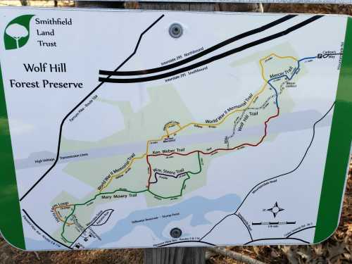 Map of Wolf Hill Forest Preserve, showing trails and landmarks in the area, with color-coded paths and key locations.