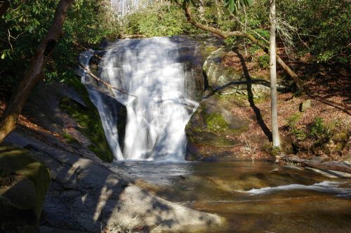 A serene waterfall cascades over rocks, surrounded by lush greenery and fallen leaves in a tranquil forest setting.