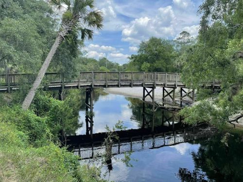 A wooden bridge spans a calm river, surrounded by lush greenery and palm trees under a partly cloudy sky.