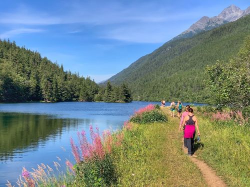 A scenic lakeside trail with hikers, surrounded by lush greenery and mountains under a clear blue sky.