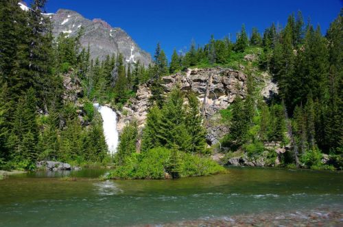 A serene landscape featuring a waterfall surrounded by lush greenery and mountains under a clear blue sky.