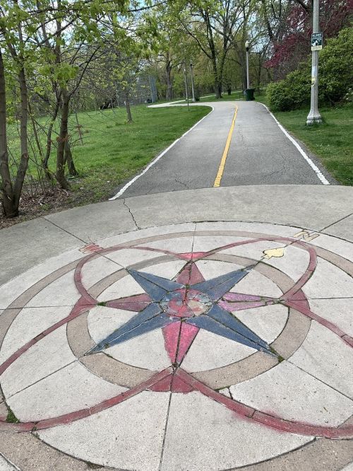 A circular design with a star is embedded in a pathway, surrounded by greenery and trees in a park setting.