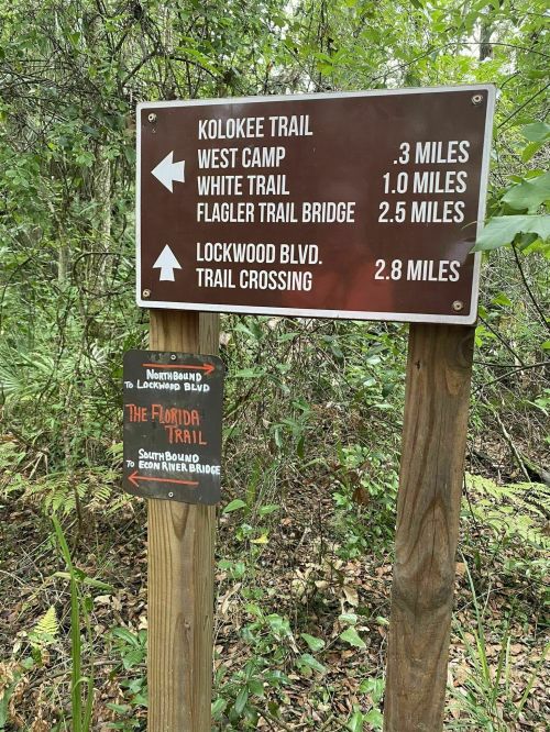 Trail signpost in a wooded area, indicating distances to Kolokee Trail, West Camp, White Trail, and more.