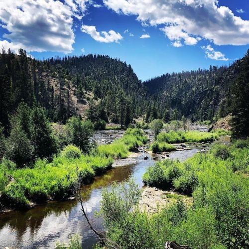 A serene river flows through a lush green valley, surrounded by mountains and a bright blue sky with fluffy clouds.