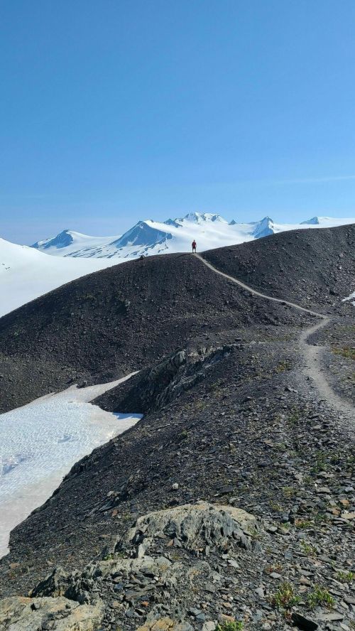 A hiker stands on a rocky ridge with snow-capped mountains and a clear blue sky in the background.