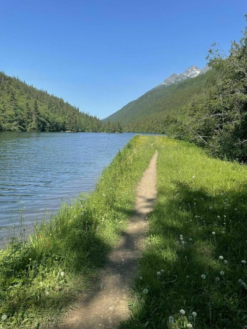 A serene path beside a calm lake, surrounded by lush greenery and mountains under a clear blue sky.