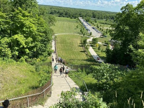 A view from the top of a staircase leading down to a grassy area and parking lot, surrounded by trees and blue sky.