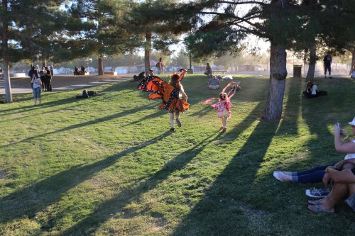 Two children in butterfly costumes play in a park, with trees casting long shadows on the grass.