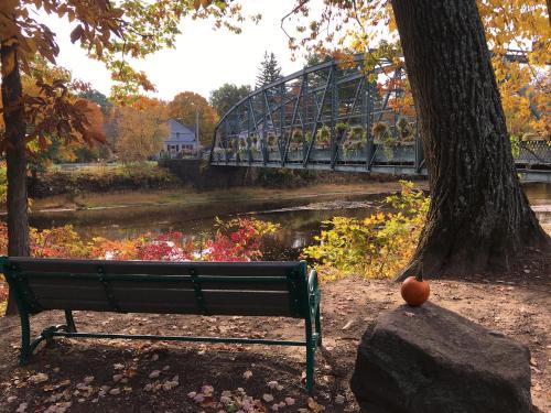 A peaceful autumn scene featuring a bench, a small pumpkin, and a bridge over a calm river surrounded by colorful foliage.